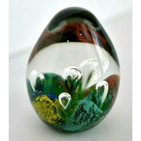 Egg Shaped Controlled Bubble Art Glass Paper Weight Green Red Crater Theme - Picture 3 of 12